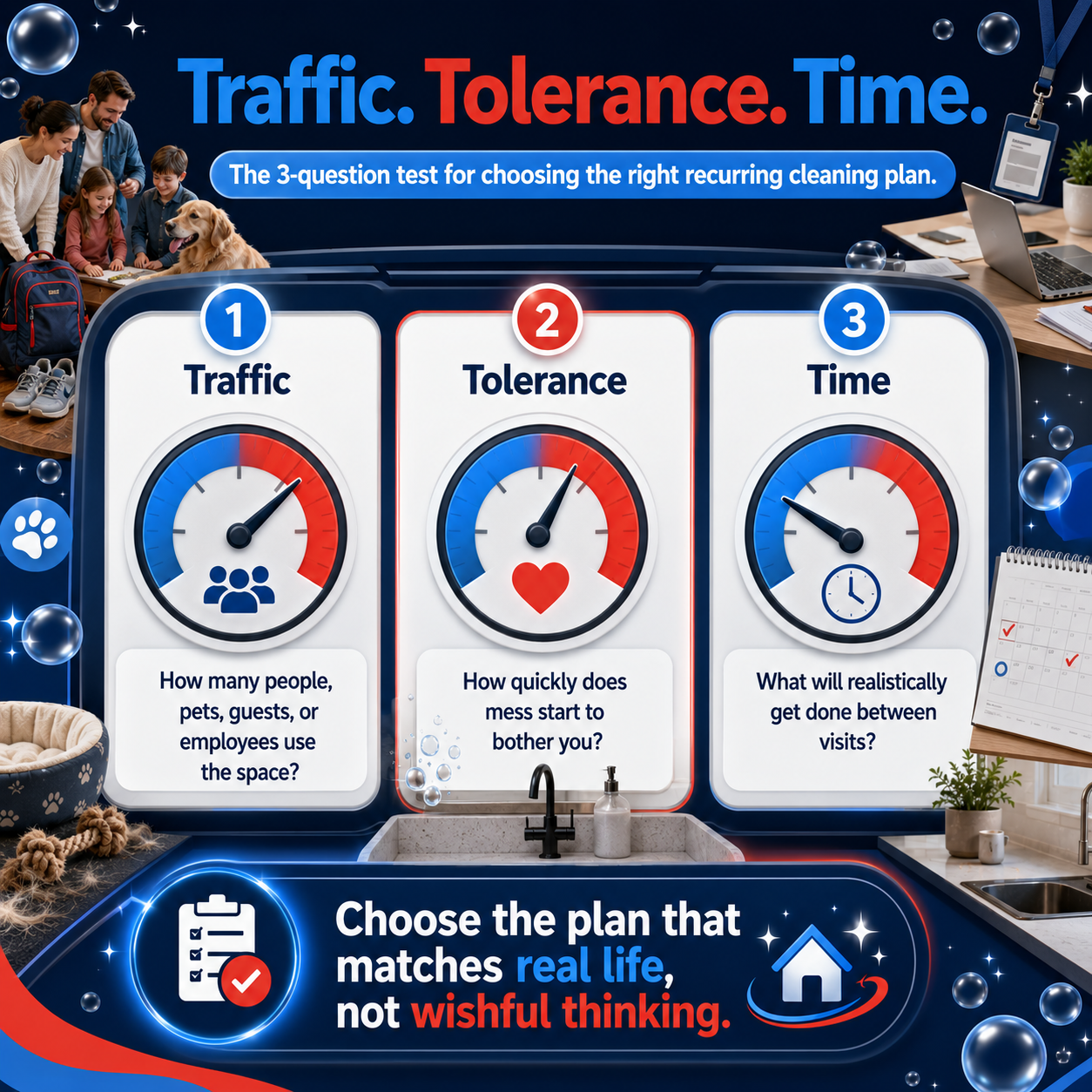 Traffic Tolerance Time framework for choosing weekly, bi-weekly, or monthly recurring cleaning.