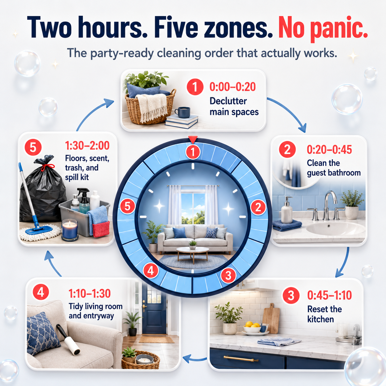 Two-hour pre-party cleaning checklist for decluttering, bathroom, kitchen, living room, floors, scent, and spill kit.