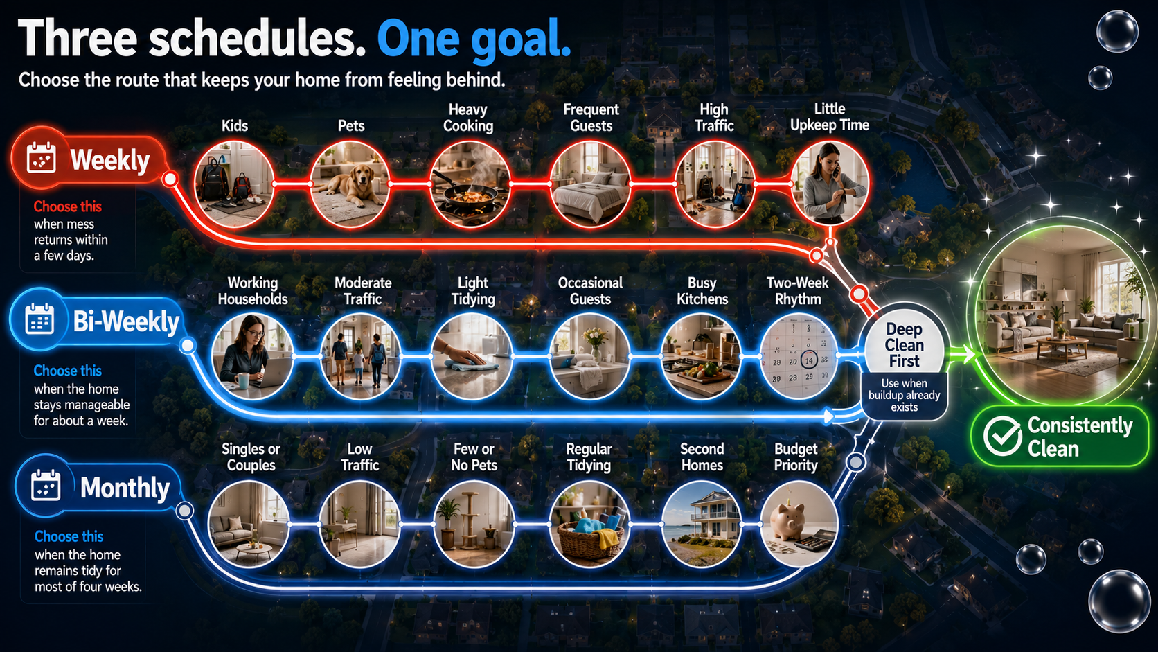 Weekly bi-weekly and monthly house cleaning decision map based on pets, children, traffic, upkeep, and lifestyle.