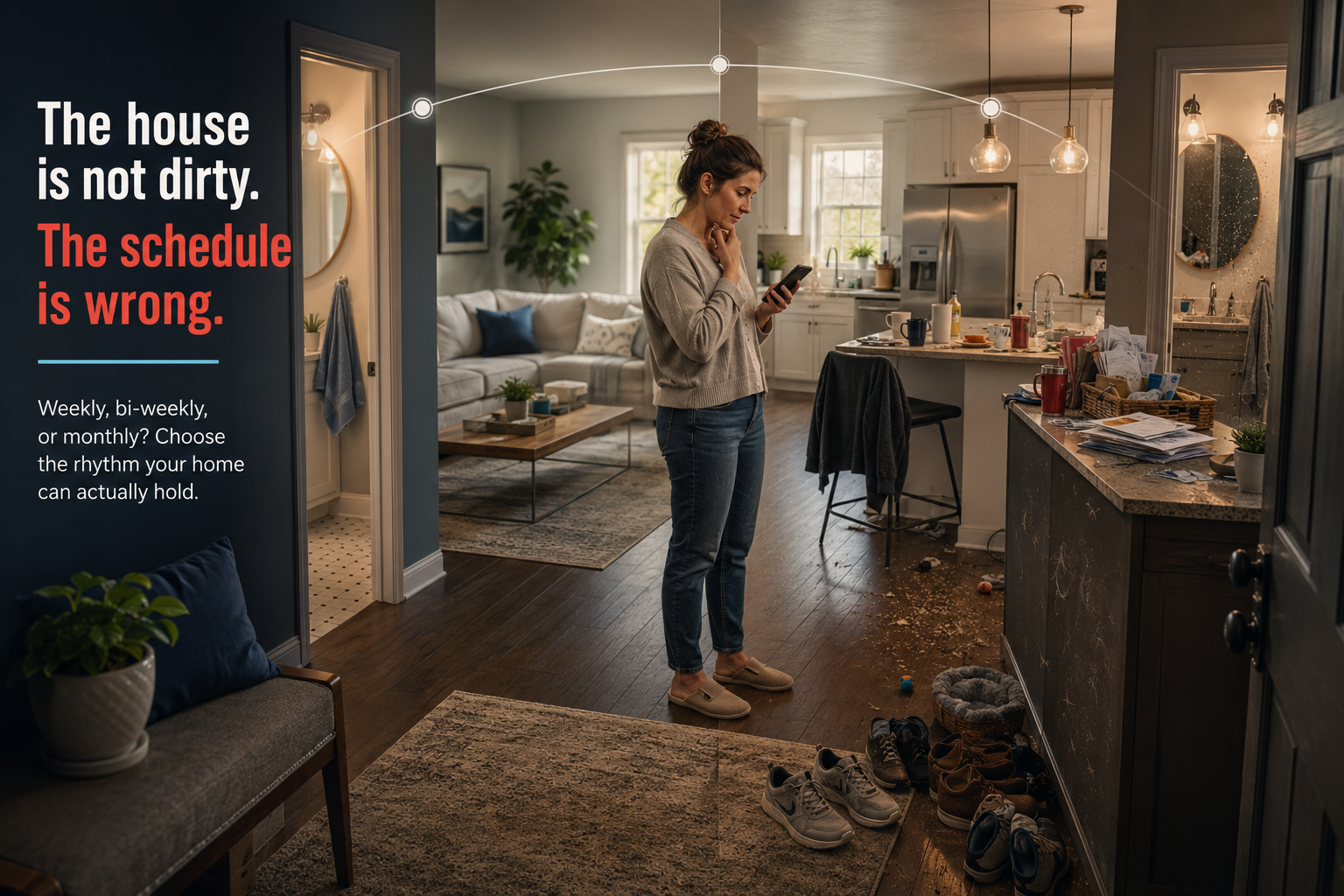 Weekly bi-weekly or monthly cleaning feature image showing one home becoming progressively messier between professional visits.