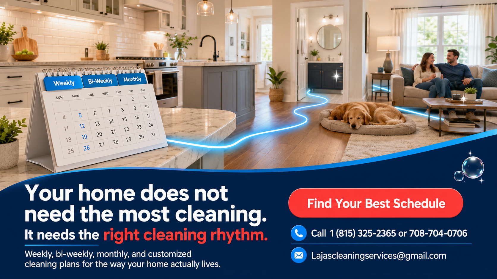 Weekly bi-weekly or monthly house cleaning CTA showing a calendar rhythm leading through a calm maintained home.