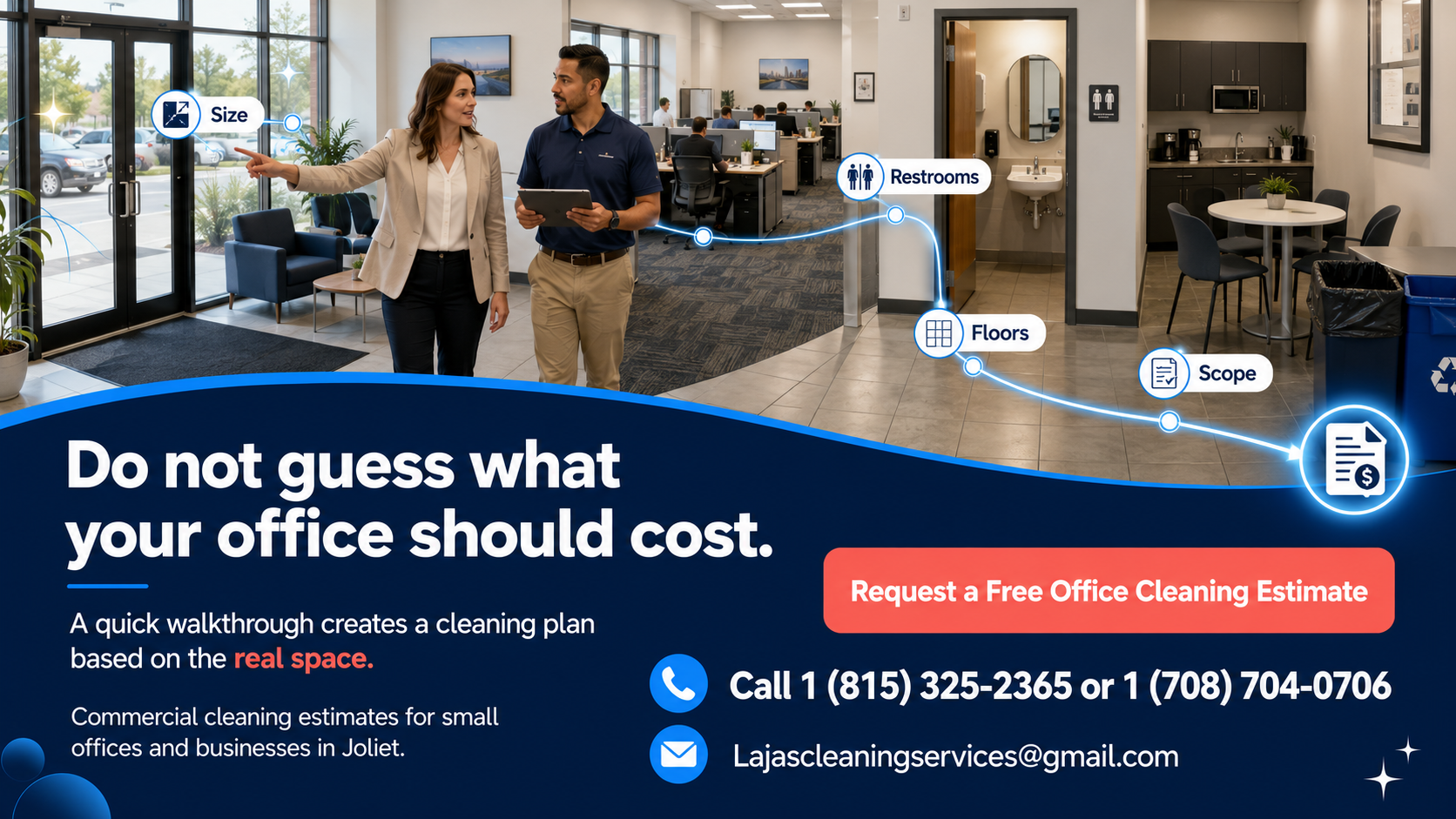 Commercial cleaning estimate CTA showing a small-office walkthrough reviewing square footage, restrooms, floors, frequency, and cleaning scope.
