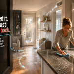Construction dust returning to a newly renovated room after a homeowner wipes the counter.