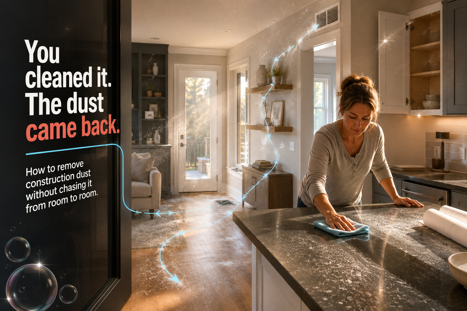 Construction dust returning to a newly renovated room after a homeowner wipes the counter.