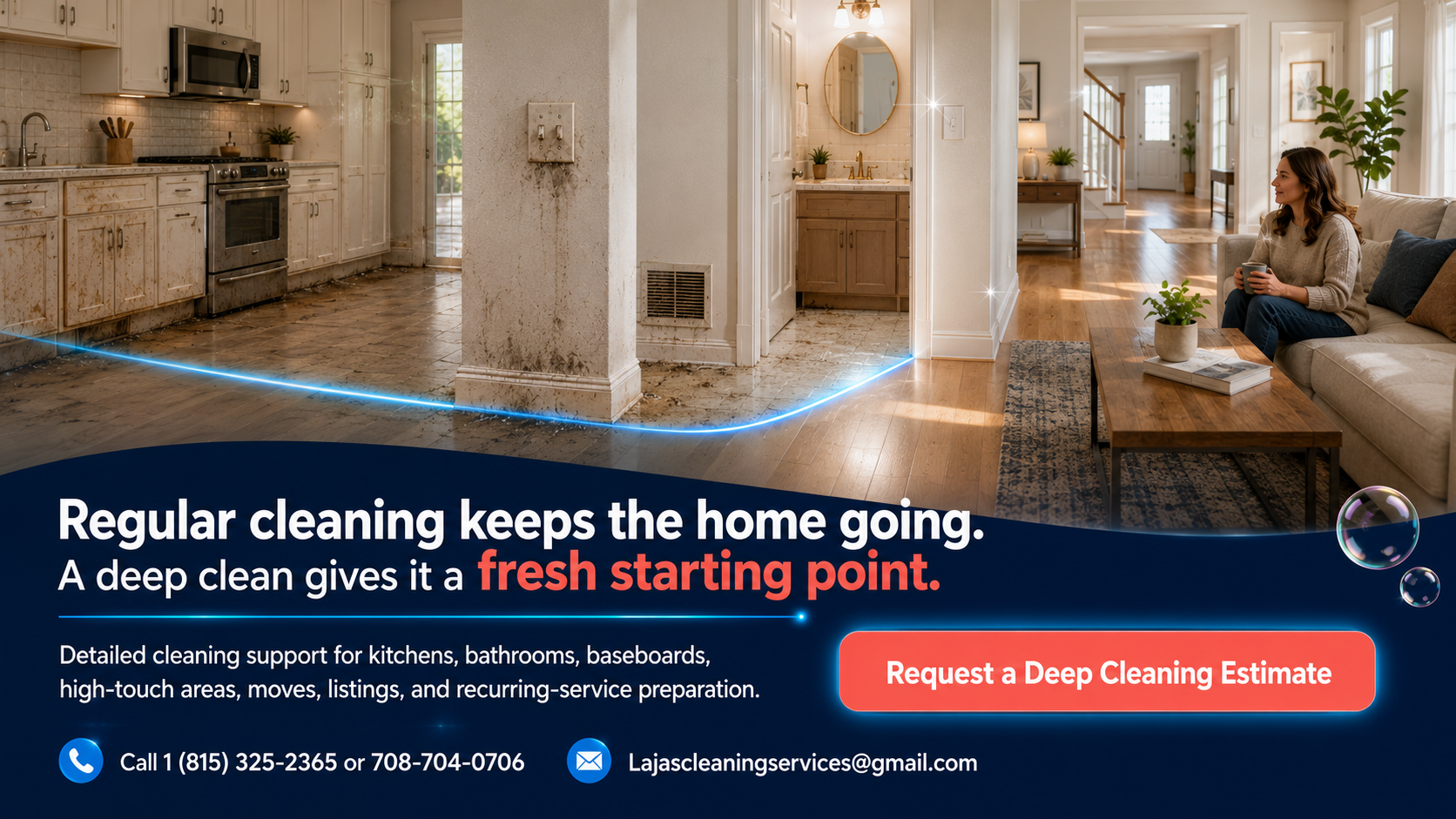 Deep cleaning CTA showing a home moving from hidden buildup to a clean baseline ready for recurring maintenance.