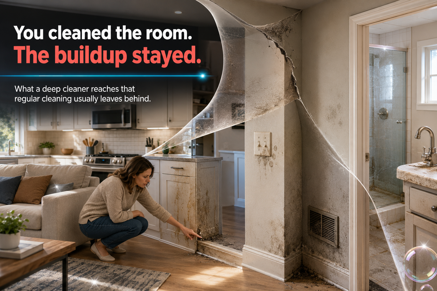 Deep cleaning feature image revealing grease, soap scum, baseboard dust, switch marks, vent dust, and hidden buildup inside a clean-looking home.