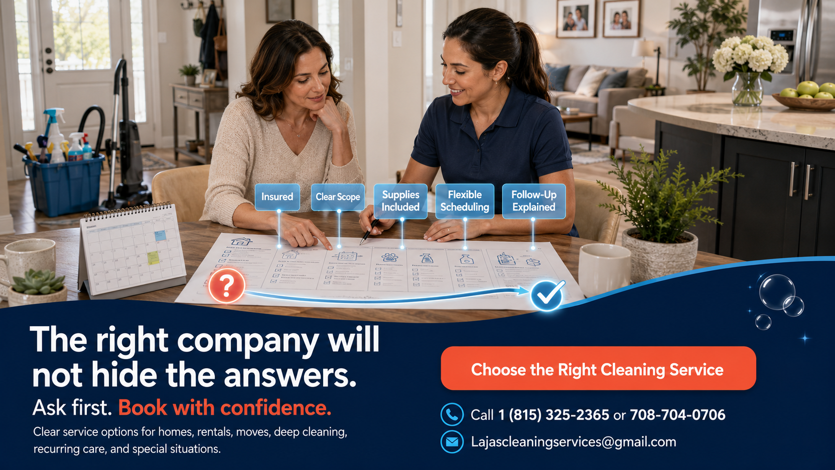 Homeowner reviewing insurance, cleaning scope, supplies, scheduling, and follow-up with a professional cleaning company before booking.