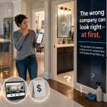 Homeowner noticing mirror streaks, a sticky kitchen floor, and missed details after hiring a cleaning company without asking enough questions.
