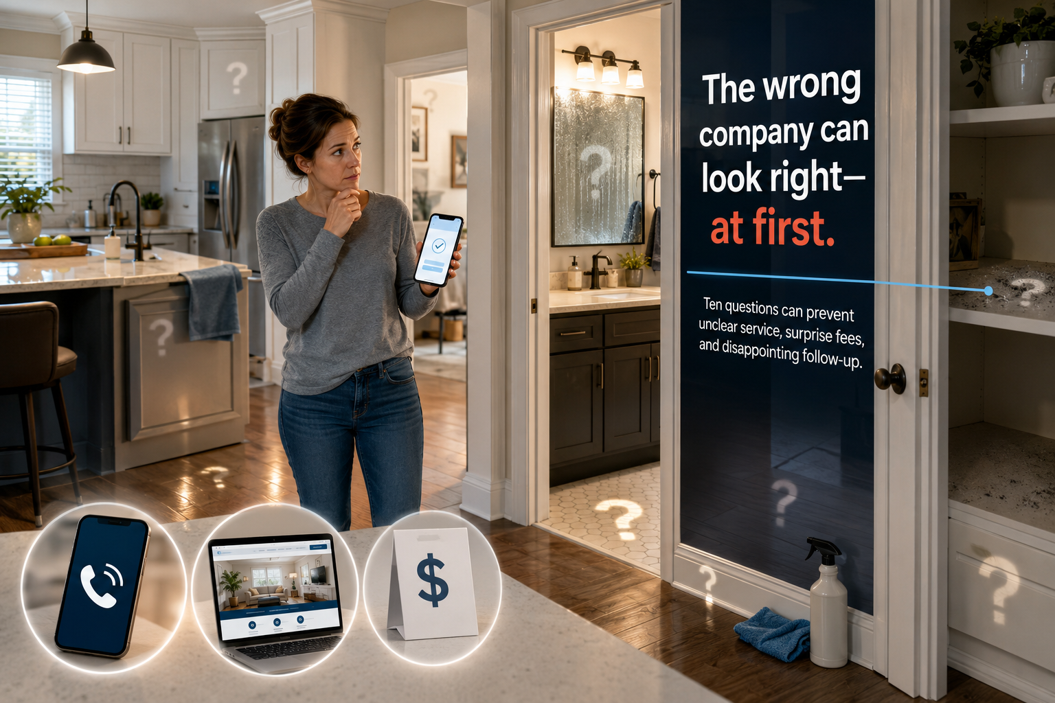 Homeowner noticing mirror streaks, a sticky kitchen floor, and missed details after hiring a cleaning company without asking enough questions.