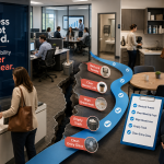Busy small office where restroom supplies, conference cups, breakroom surfaces, trash, and entry glass are missed until a checklist assigns the tasks clearly.