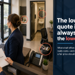 Commercial cleaning cost feature image showing a small office where a low cleaning quote leaves entrance floors, trash, glass, restrooms, and break-room details unfinished.