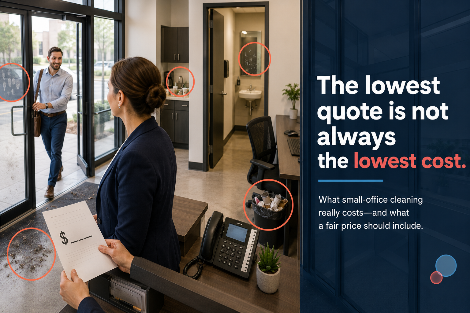 Commercial cleaning cost feature image showing a small office where a low cleaning quote leaves entrance floors, trash, glass, restrooms, and break-room details unfinished.