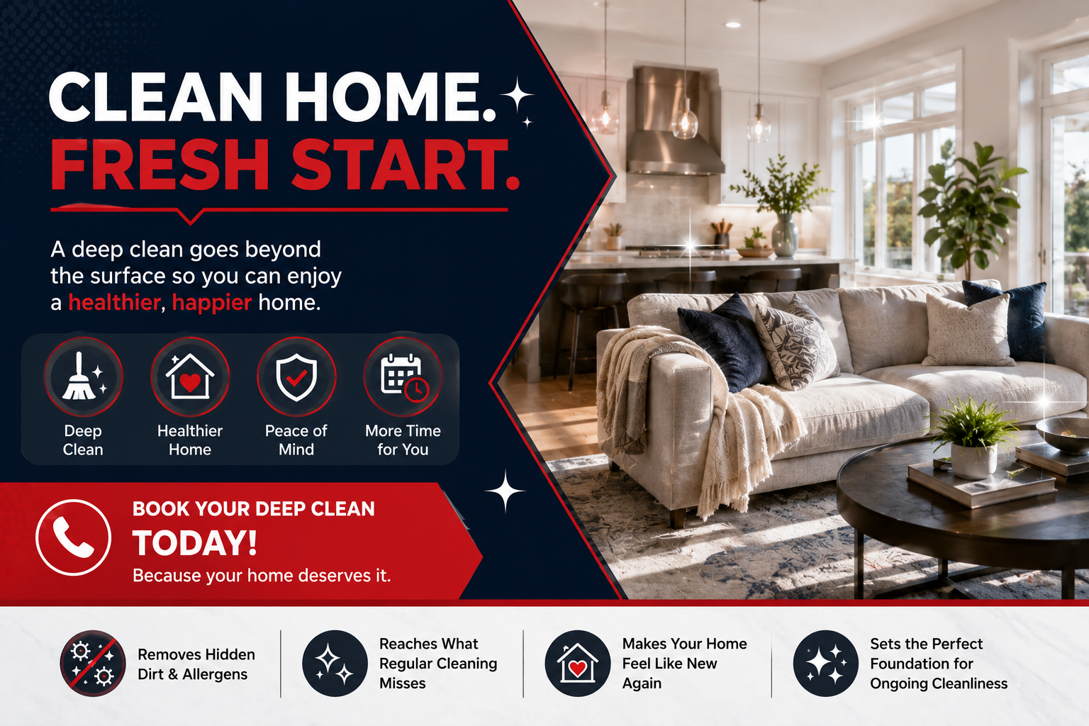 Modern spotless home interior promoting deep cleaning as a fresh start for a cleaner, healthier, and more comfortable living space.