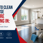 How to clean a house before moving in with an empty home, cleaning supplies, and fresh start concept