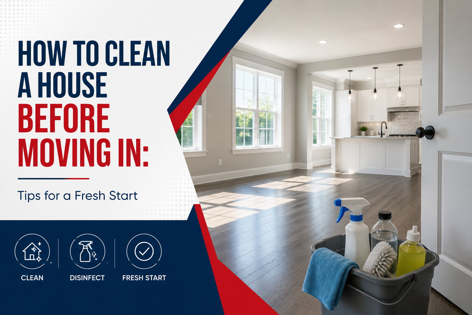 How to clean a house before moving in with an empty home, cleaning supplies, and fresh start concept