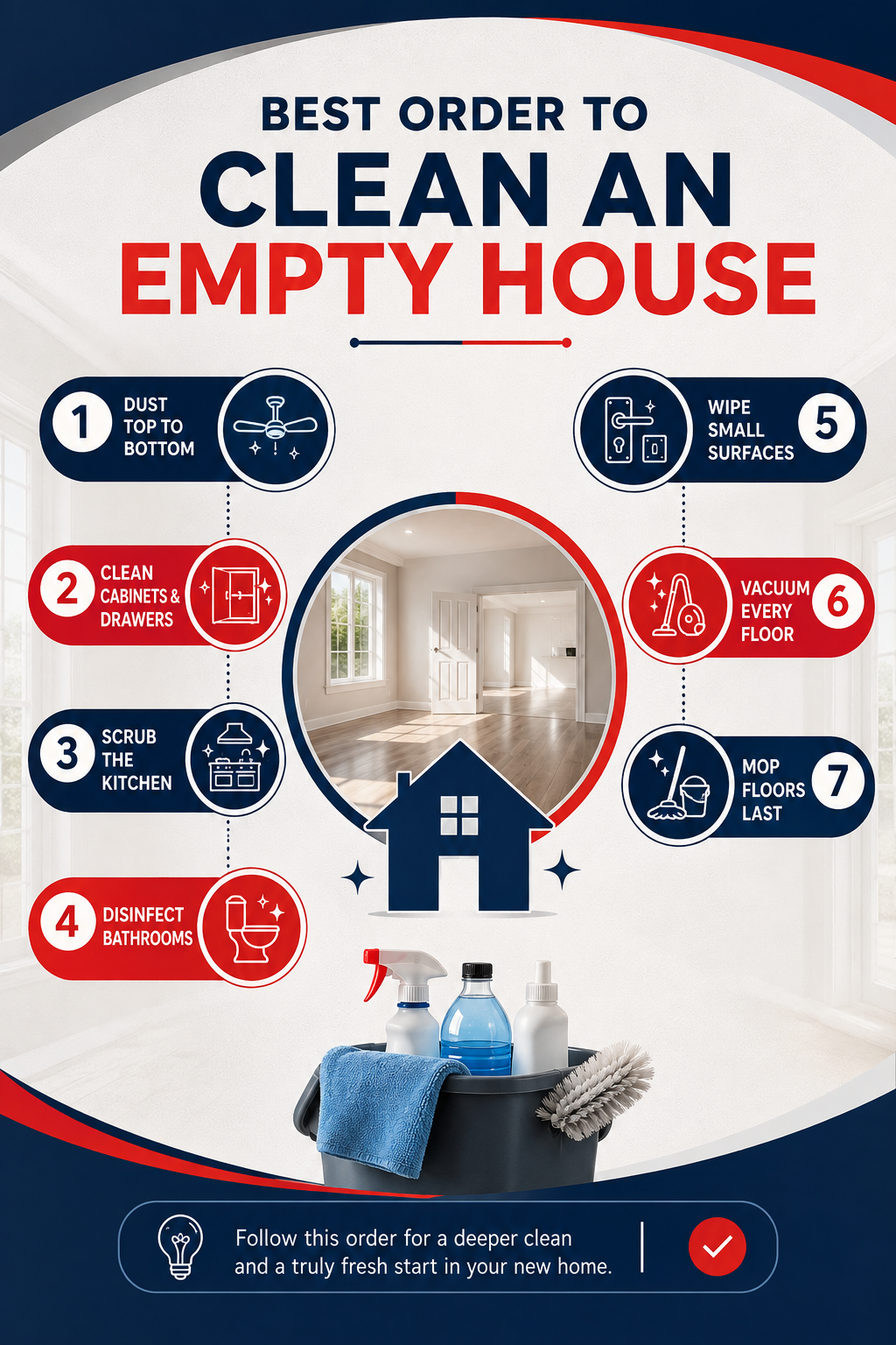 Best order to clean an empty house from top to bottom, including cabinets, kitchen, bathrooms, surfaces, and floors