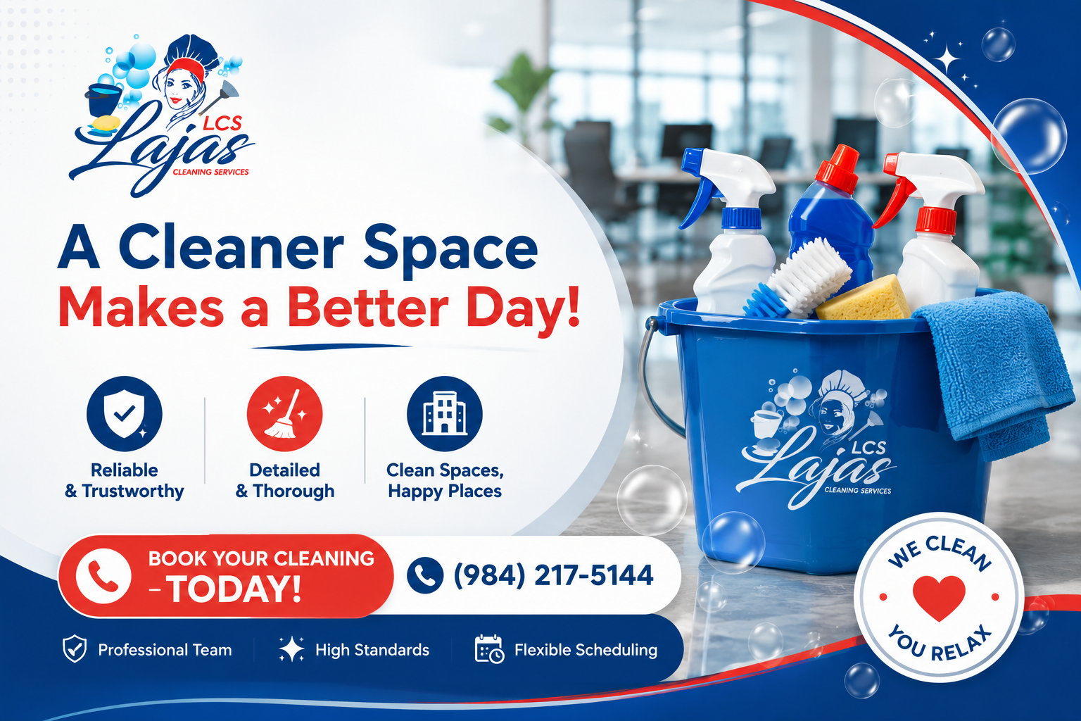 A Cleaner Space Makes a Better Day with professional cleaning supplies and Book Your Cleaning Today call to action