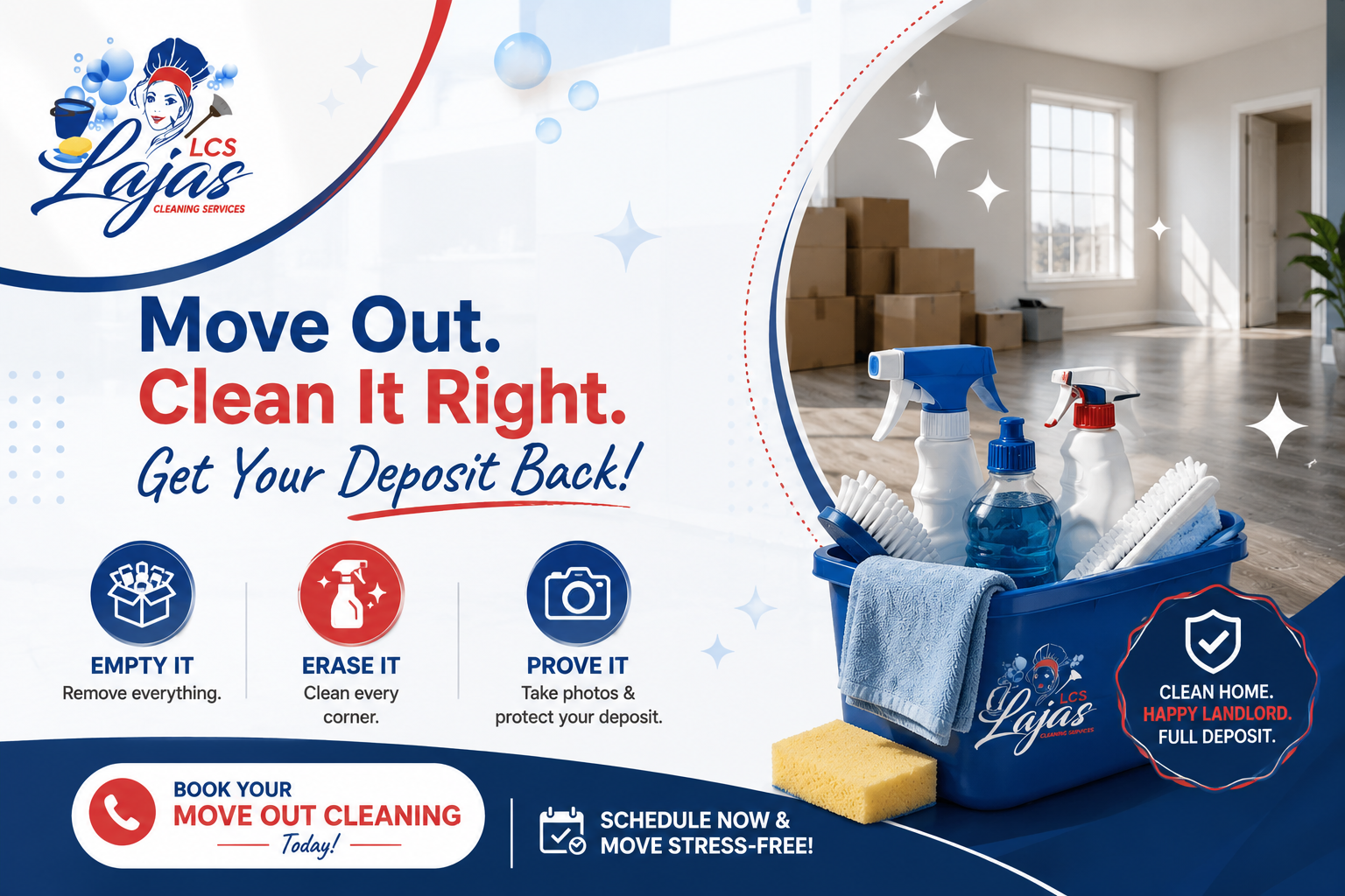 Move out cleaning service CTA showing an empty apartment, cleaning supplies, and the message Get Your Deposit Back.