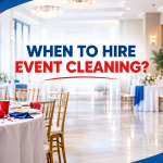 Special event cleaning service in a bright event venue with party cleanup and professional cleaning supplies, illustrating when to hire event cleaning services.