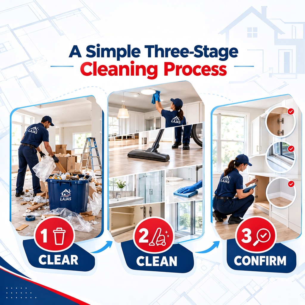 A Lajas Cleaning Services infographic showing a three-stage post-construction cleaning process: Clear construction debris, Clean the home from top to bottom, and Confirm the final details before move-in.