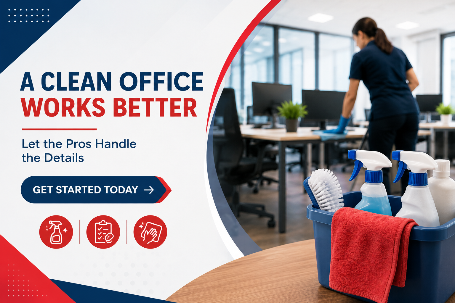 Professional office cleaning service with a cleaner wiping desks and cleaning supplies, promoting a reliable workplace cleaning routine.