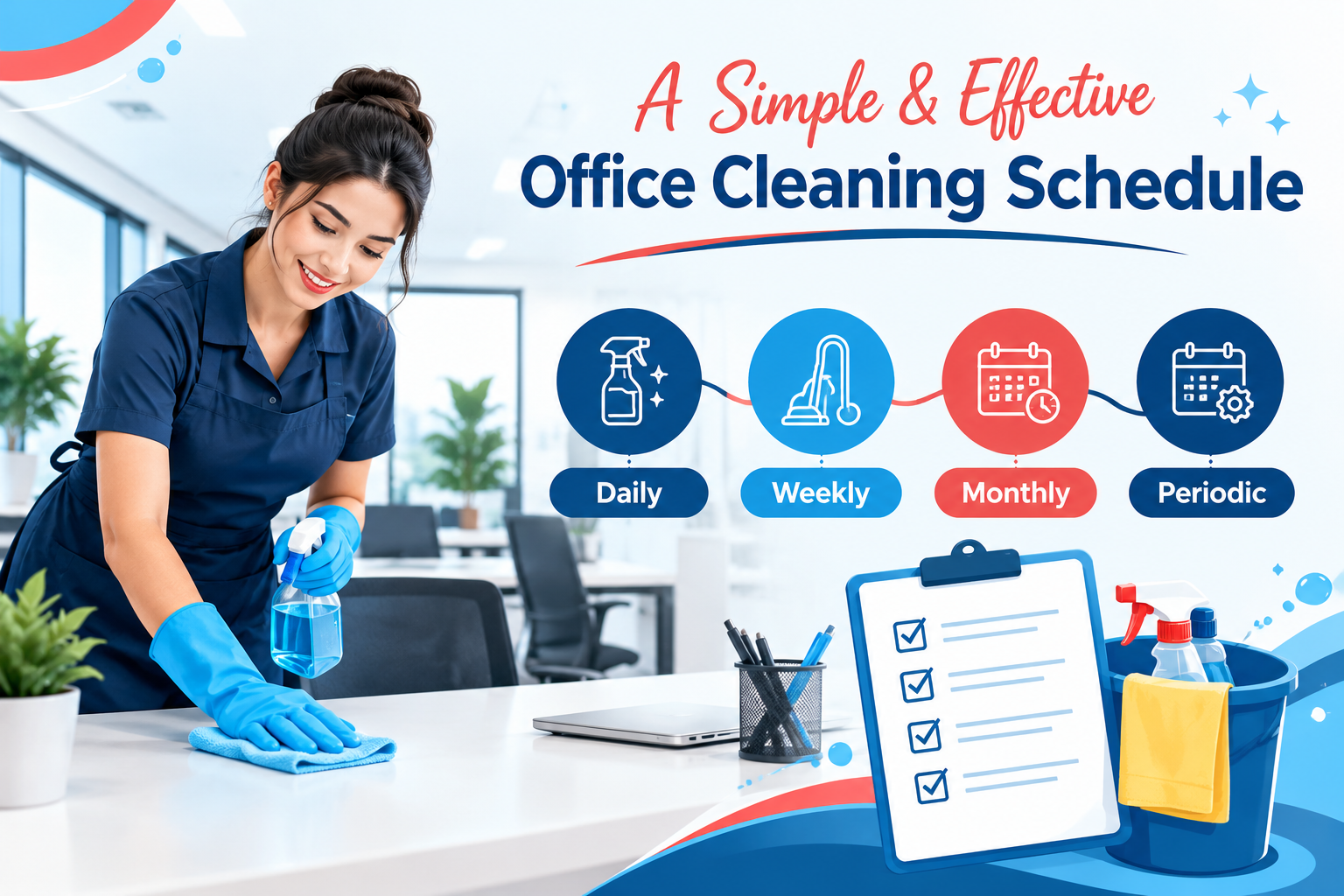 Office cleaning schedule infographic showing daily, weekly, monthly, and periodic cleaning tasks with a professional cleaner in a modern office.