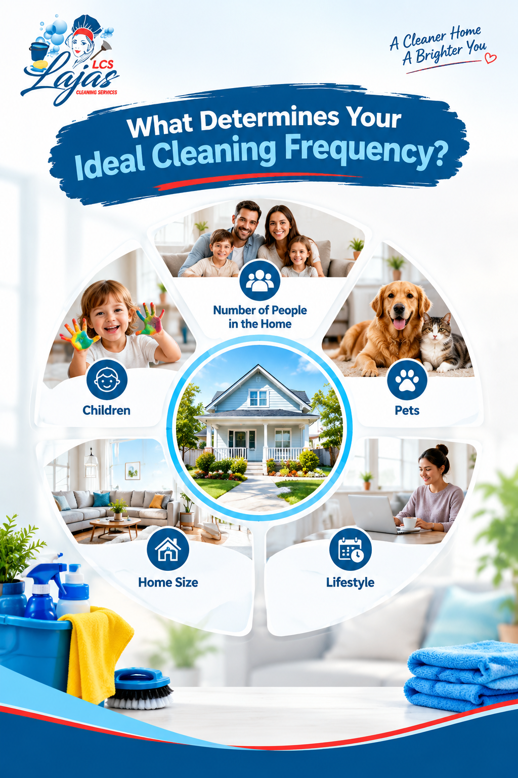 Lajas Cleaning Services infographic: circular diagram with house center showing factors for ideal cleaning frequency children, number of people, pets, lifestyle, and home size.