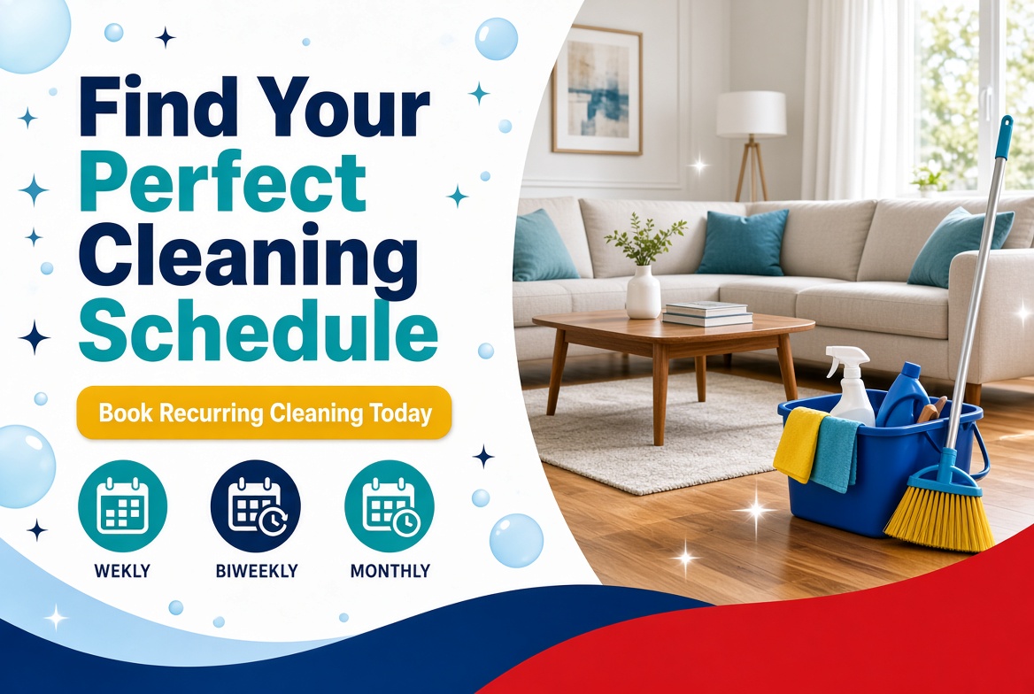 Bright modern living room and kitchen with sparkling floors, teal cleaning supplies, and text promoting the perfect house cleaning schedule