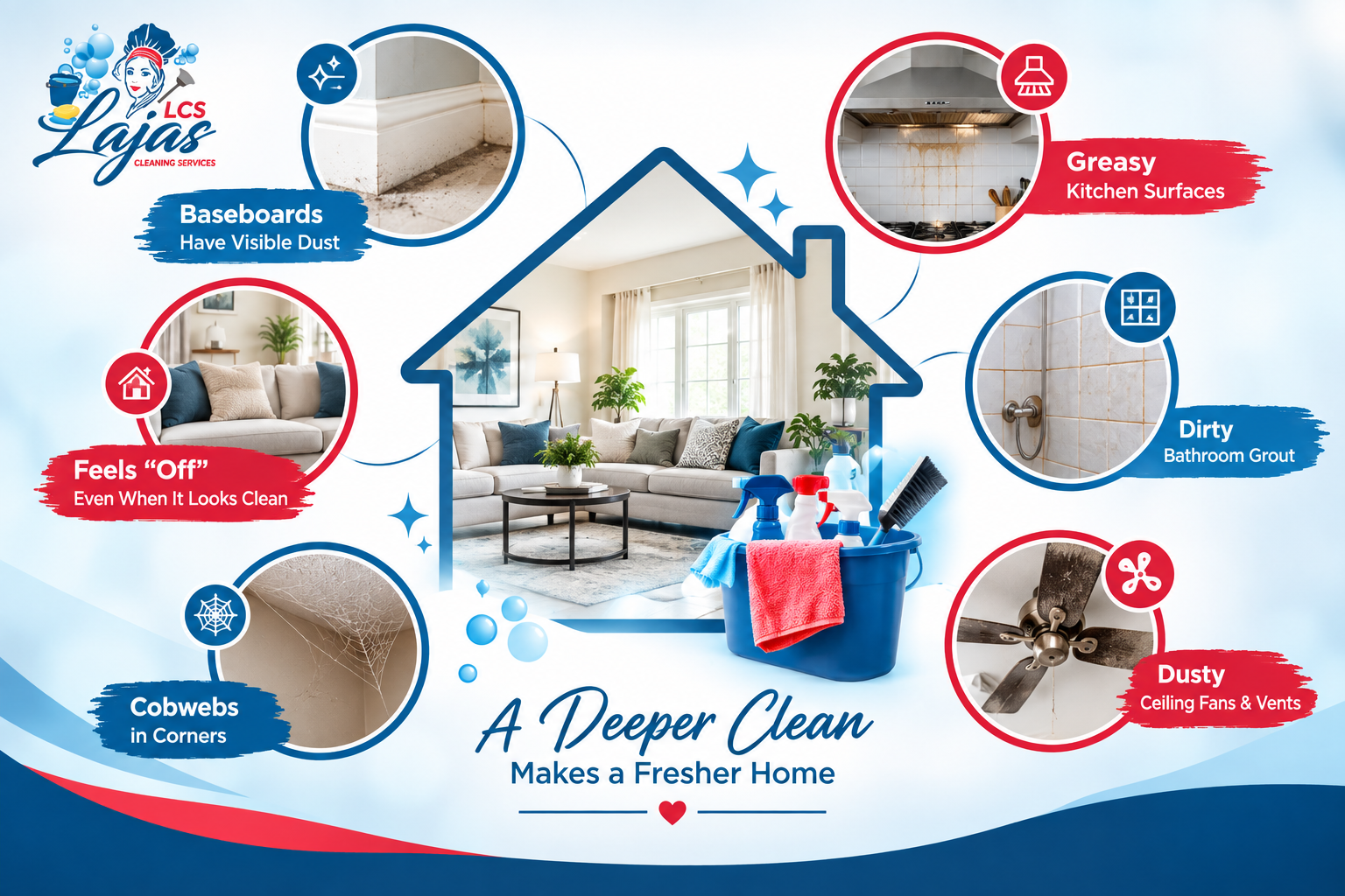 Signs your house needs deep cleaning including dusty baseboards, greasy kitchen surfaces, dirty grout, and dusty vents